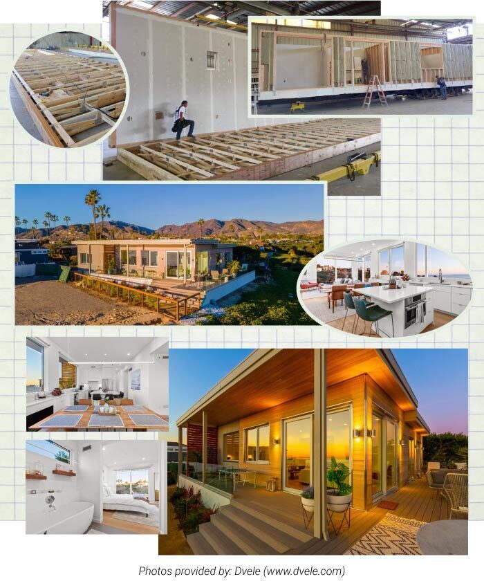 Collage of modular homes, at different stages of the building process